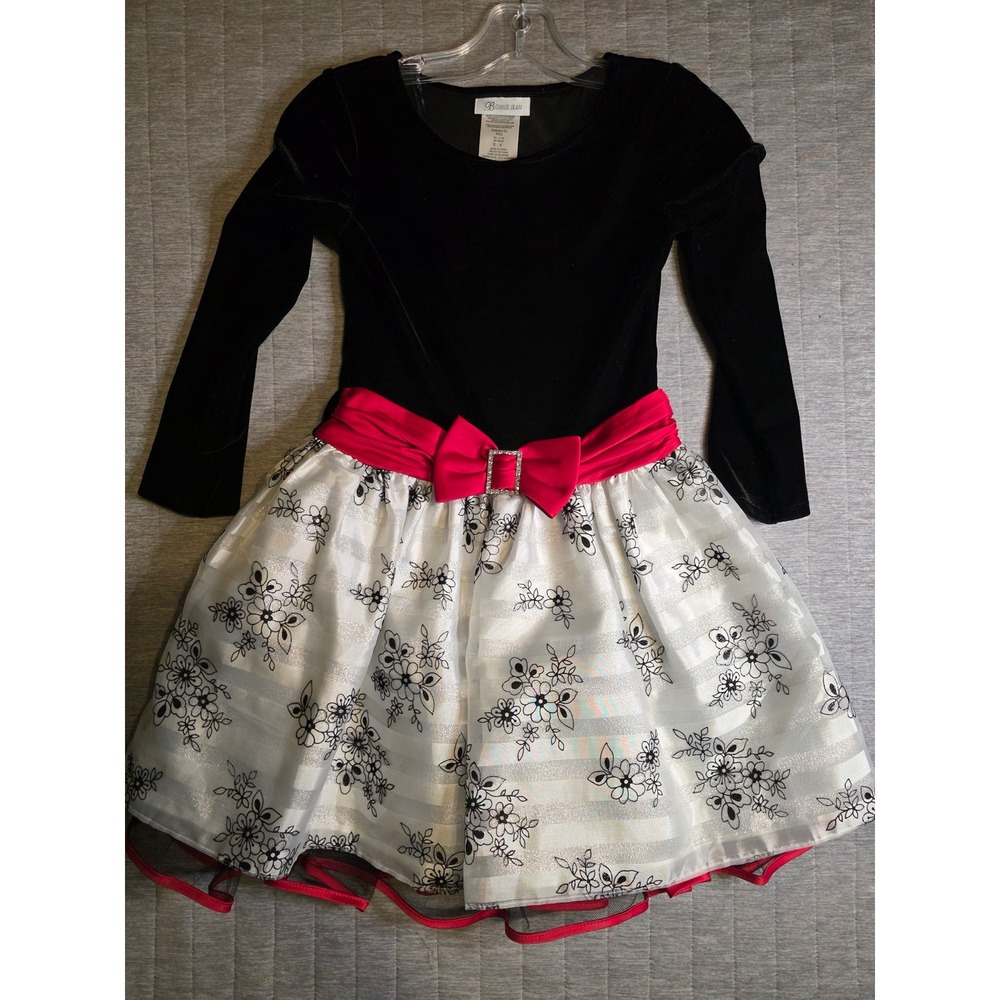 1444 Bonnie Jean Girls Blk Velvet Floral Holiday Dress Red Bow Size 8 X46480-DL